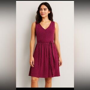 LOFT Sleeveless V-Neck Belted Dress Pink Geometric Print Size M‎